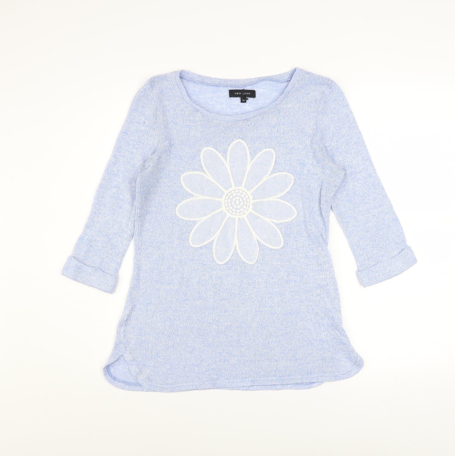 New Look Women's Blue Flower Knit 3/4 Sleeve Pullover Jumper Size 10