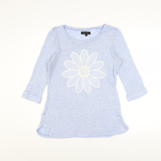 New Look Women's Blue Flower Knit 3/4 Sleeve Pullover Jumper Size 10