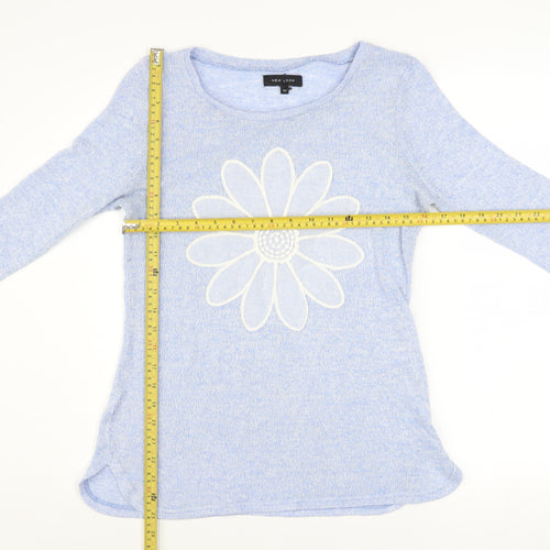 New Look Women's Blue Flower Knit 3/4 Sleeve Pullover Jumper Size 10