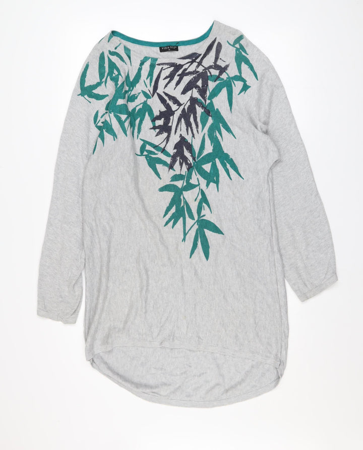 VIZA VIZ Womens Grey Floral 3/4 Sleeve Relaxed Top Size M