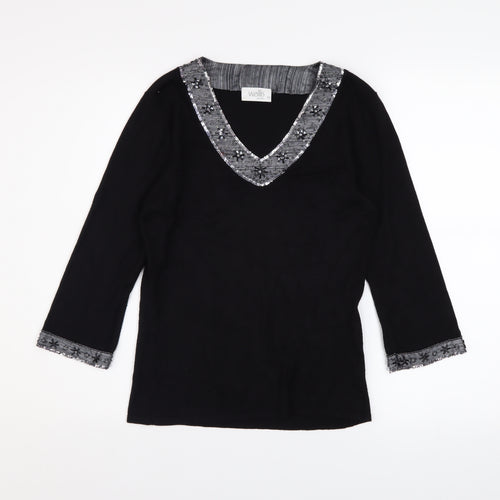 Wallis Women Black Petite Size 10 Beaded V-Neck 3/4 Sleeve Jumper