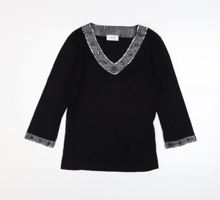 Wallis Women Black Petite Size 10 Beaded V-Neck 3/4 Sleeve Jumper