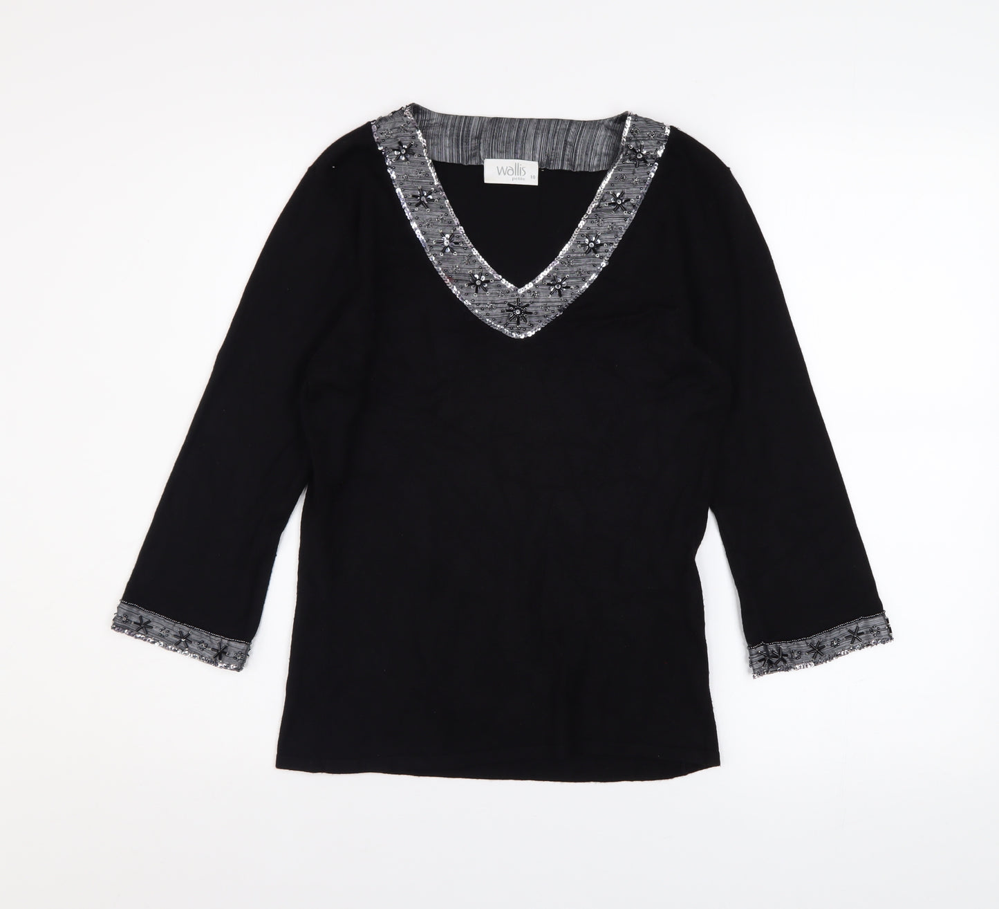 Wallis Women Black Petite Size 10 Beaded V-Neck 3/4 Sleeve Jumper