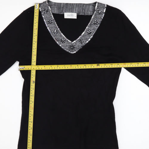 Wallis Women Black Petite Size 10 Beaded V-Neck 3/4 Sleeve Jumper