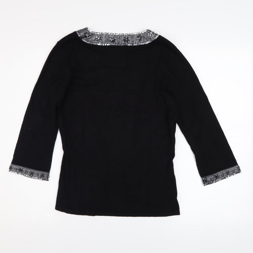 Wallis Women Black Petite Size 10 Beaded V-Neck 3/4 Sleeve Jumper
