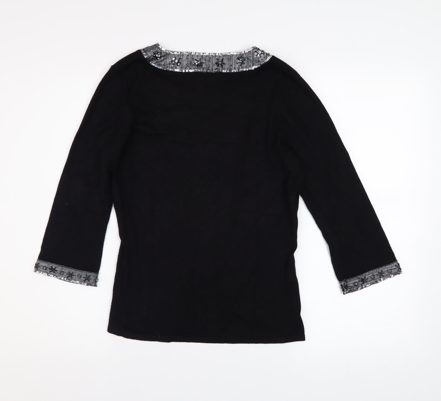 Wallis Women Black Petite Size 10 Beaded V-Neck 3/4 Sleeve Jumper