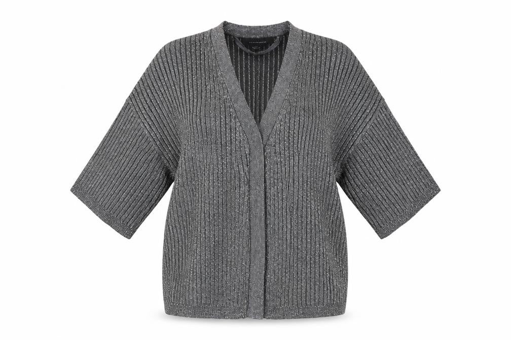 Front view of Atmosphere Women Grey Ribbed Open Knit Cardigan, size 6