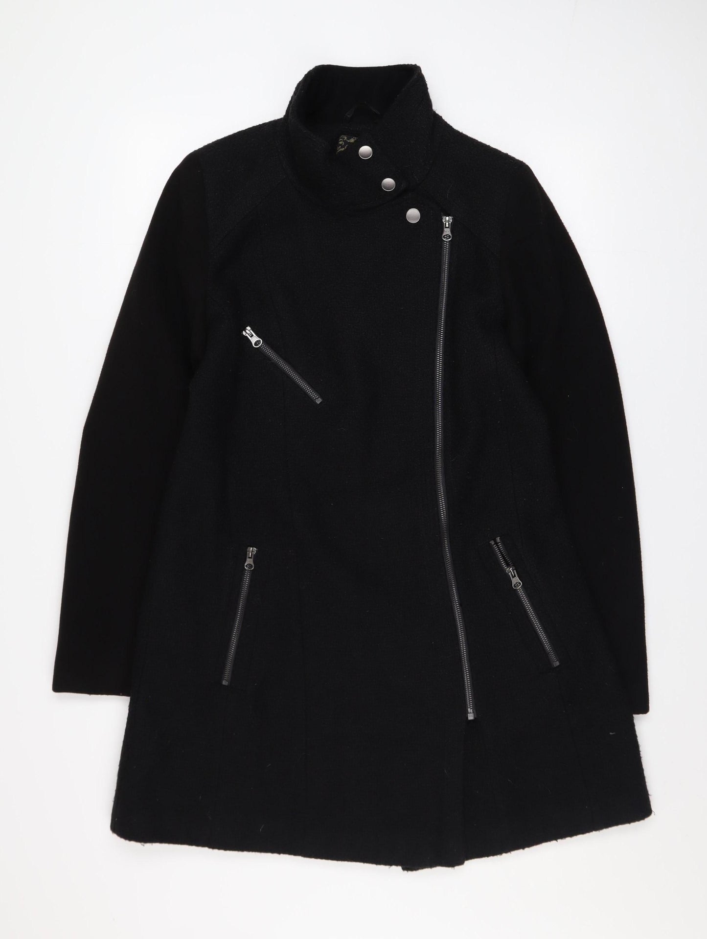 Next Women’s Black Wool Blend Mid-Length Motorcycle Coat Size 12