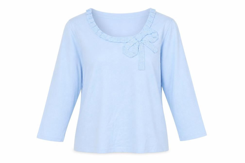 Front view of Country Casuals Petite Women's Blue Bow Scoop Neck 3/4 Sleeve jumper, size S