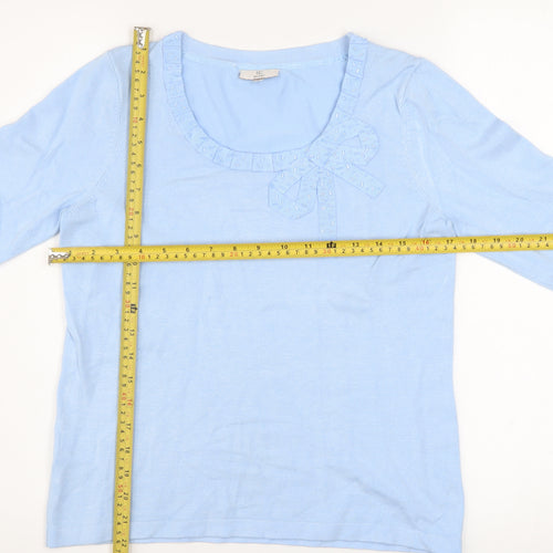 CC Petite Women's Blue Bow Scoop Neck 3/4 Sleeve Pullover Jumper Size S