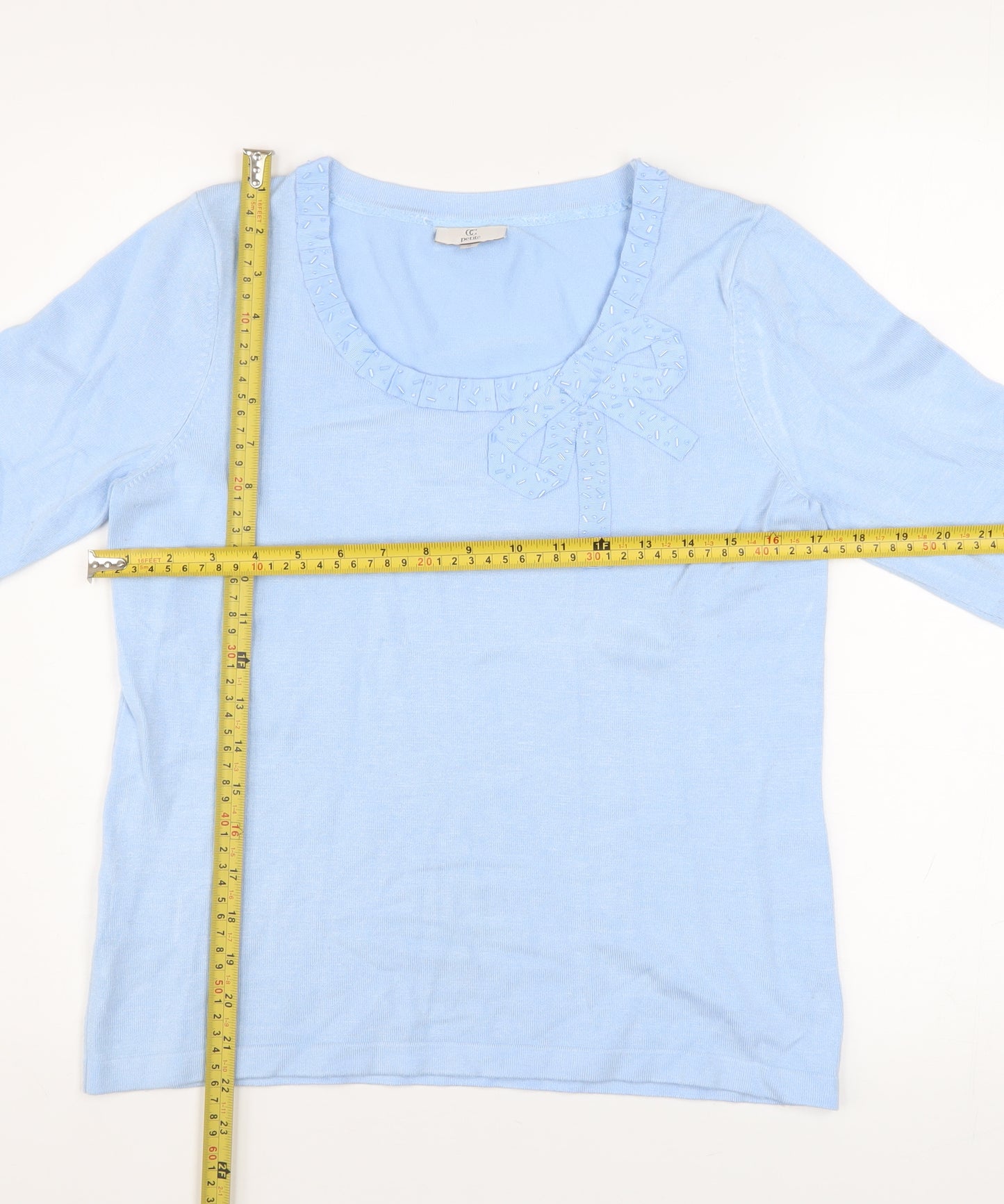 CC Petite Women's Blue Bow Scoop Neck 3/4 Sleeve Pullover Jumper Size S