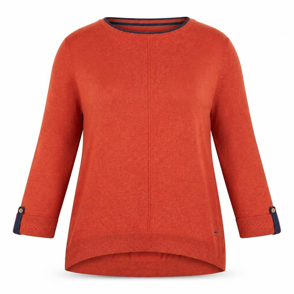 Front view of Mantaray Women’s Orange 3/4 Sleeve Crew Neck jumper, size UK 14