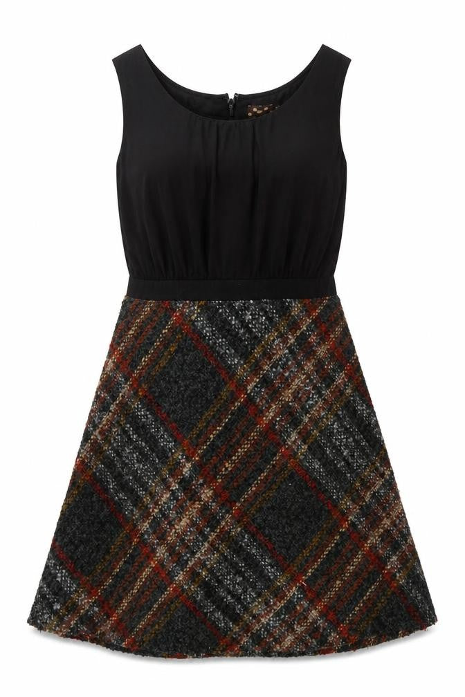 Front view of Next women’s black check a-line sleeveless dress, size UK 14