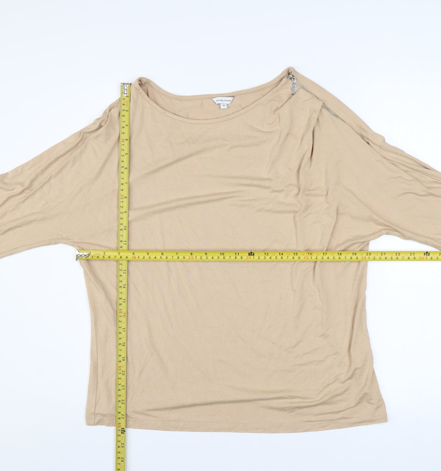 Sonder Studio Women's Beige Long Sleeve Boat Neck Jersey Blouse Size 16