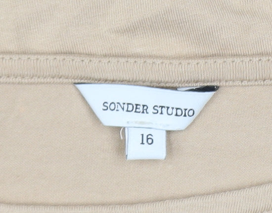 Sonder Studio Women's Beige Long Sleeve Boat Neck Jersey Blouse Size 16