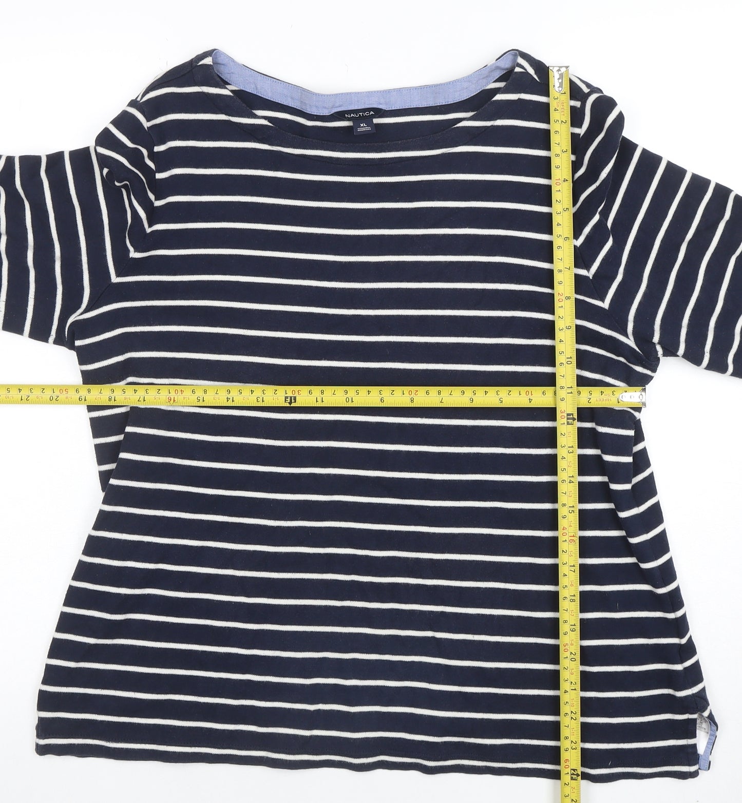 Nautica Women's Blue Striped 3/4 Sleeve Cotton Boat Neck Top XL
