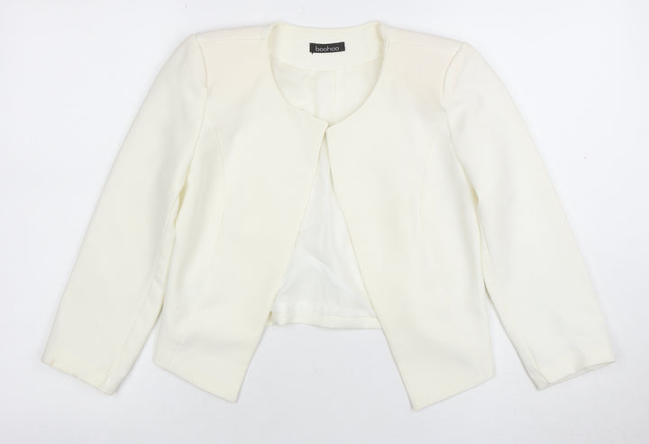 Boohoo Women Ivory Cropped Suit Jacket Blazer S Polyester Blend