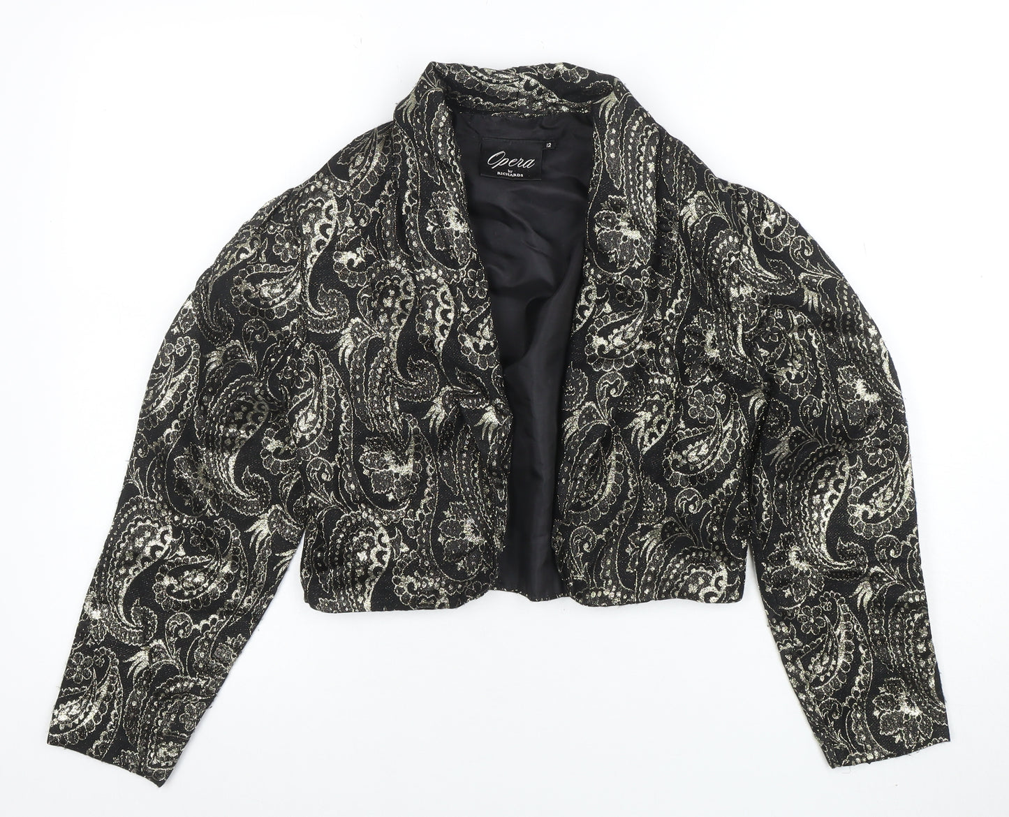 Opera by Richards Women's Black Paisley Metallic Cropped Blazer Size 12
