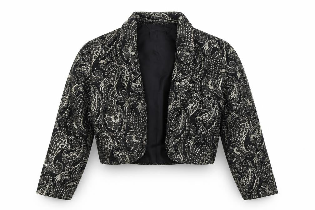 Front view of Opera by Richards Women's Black Paisley Metallic Cropped Blazer, size 12