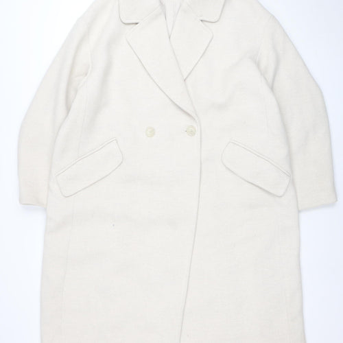 H&M Women’s Beige Long Pea Coat Size 14 Wool Blend Buttoned Classic