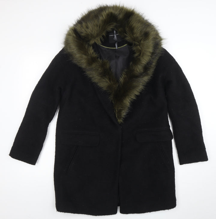 Dorothy Perkins Women's Black Faux Fur Trim Wool Blend Mid-Length Coat Size 10
