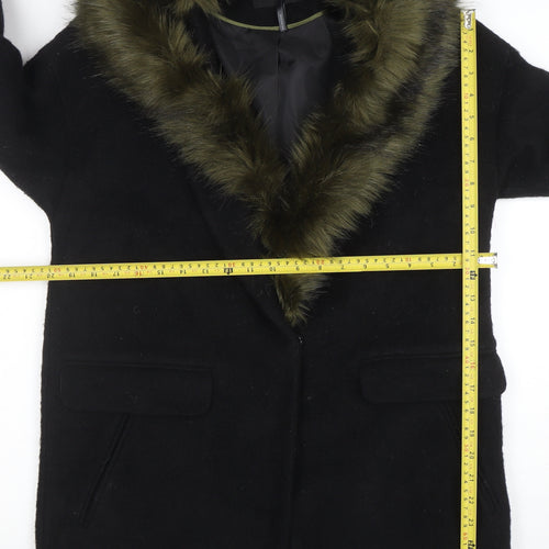 Dorothy Perkins Women's Black Faux Fur Trim Wool Blend Mid-Length Coat Size 10
