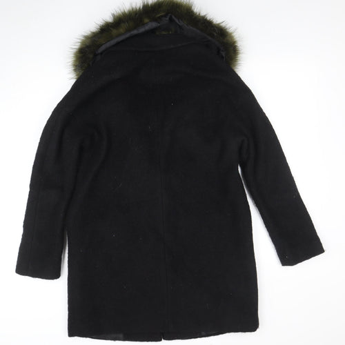 Dorothy Perkins Women's Black Faux Fur Trim Wool Blend Mid-Length Coat Size 10