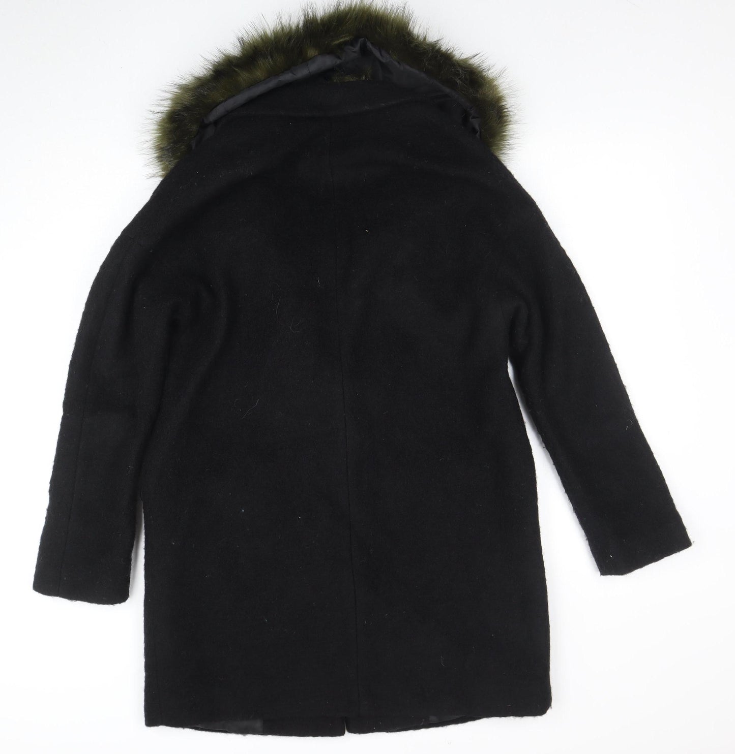 Dorothy Perkins Women's Black Faux Fur Trim Wool Blend Mid-Length Coat Size 10