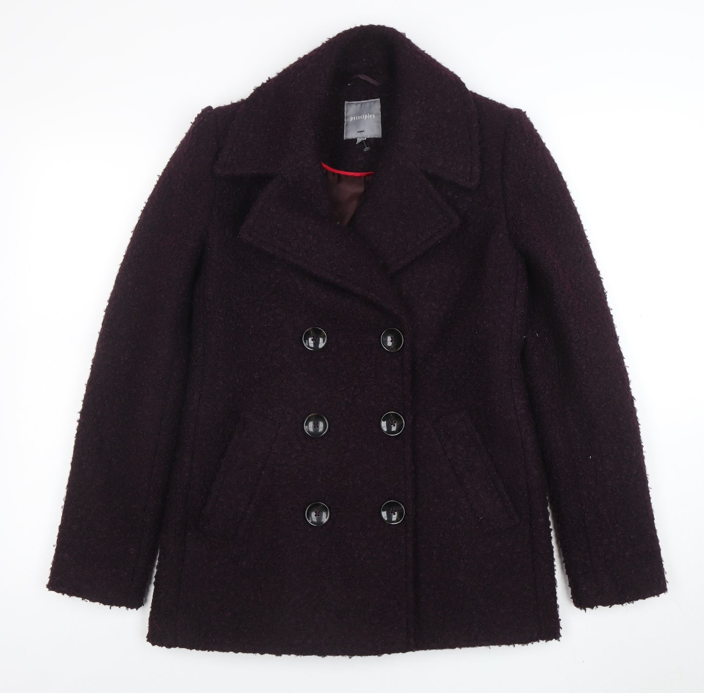Principles Women’s Purple Wool Blend Pea Coat Size 8 Buttoned Mid-Length