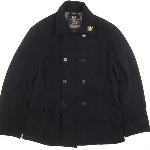 Forest Mens Black Wool Blend Pea Coat XL Classic Double-Breasted Jacket