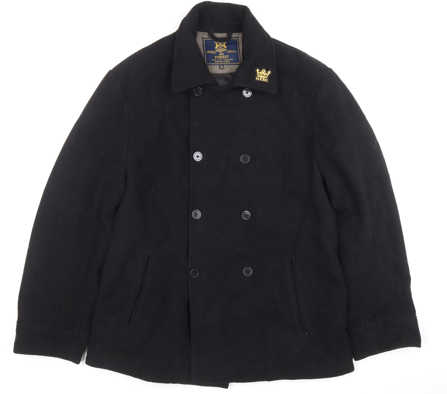 Forest Mens Black Wool Blend Pea Coat XL Classic Double-Breasted Jacket