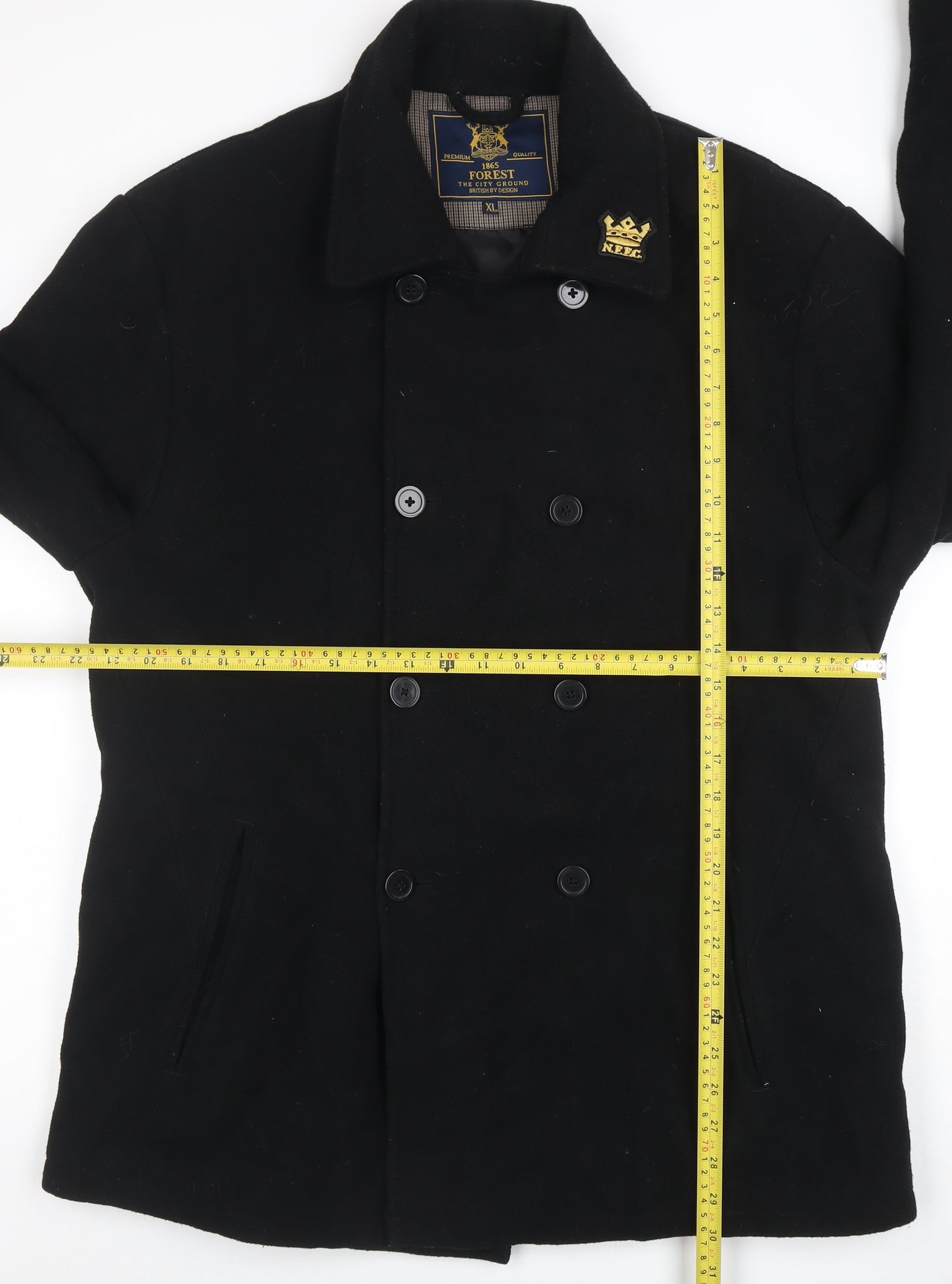 Forest Mens Black Wool Blend Pea Coat XL Classic Double-Breasted Jacket