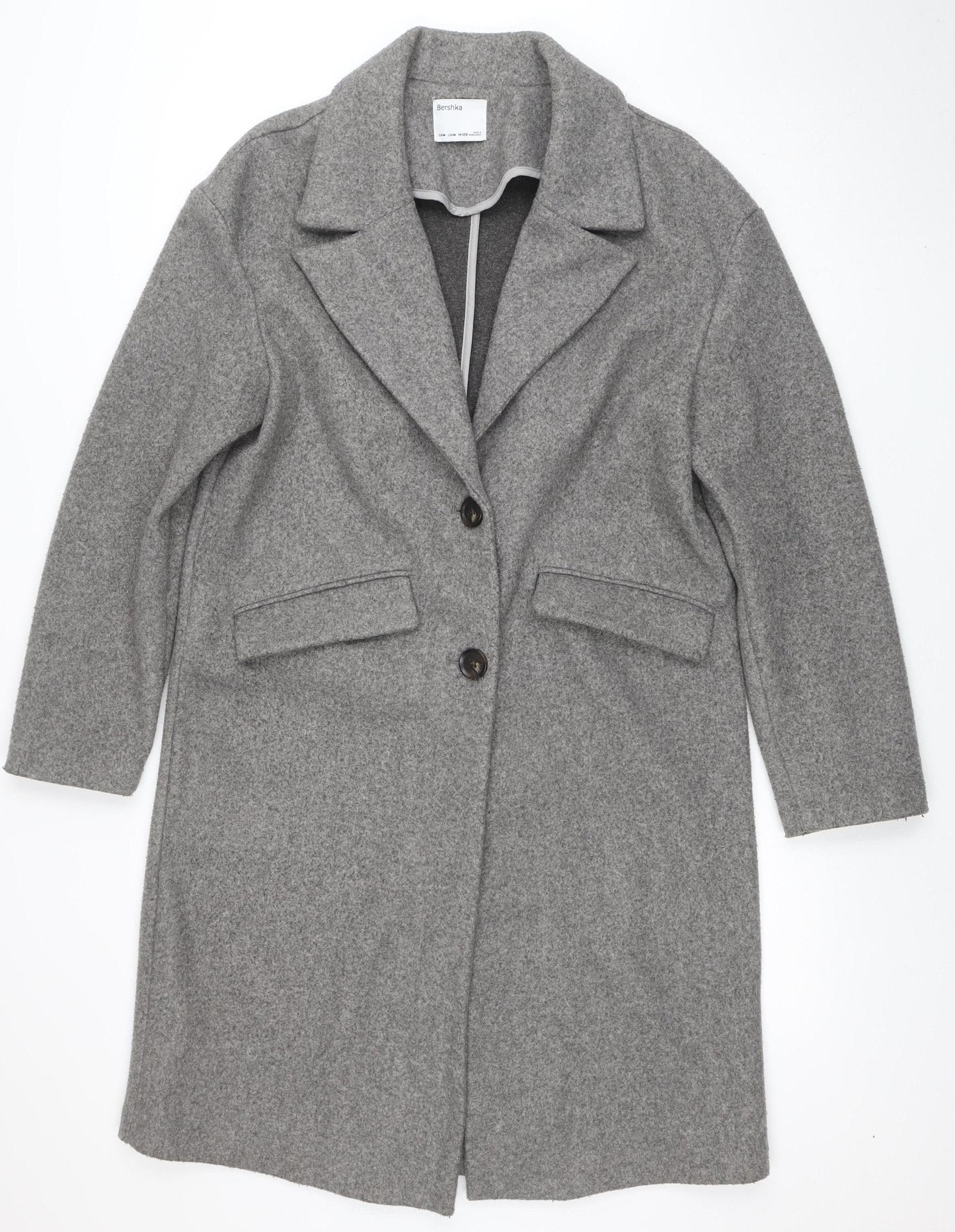 Bershka Women Grey Long Overcoat Size 10 Single-Breasted Style