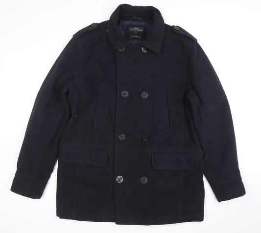 Next Mens Black Wool Blend Pea Coat L Large Classic Winter Jacket