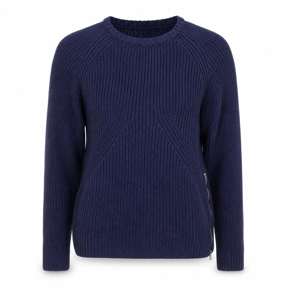 Front view of L.O.G.G. women’s blue chunky-knit crew neck jumper, size XS