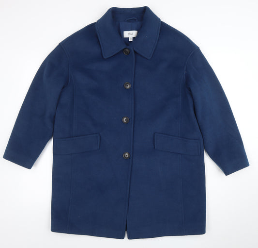 Marks and Spencer Women's Blue Wool Blend Mid-Length Overcoat Size 14 Petite