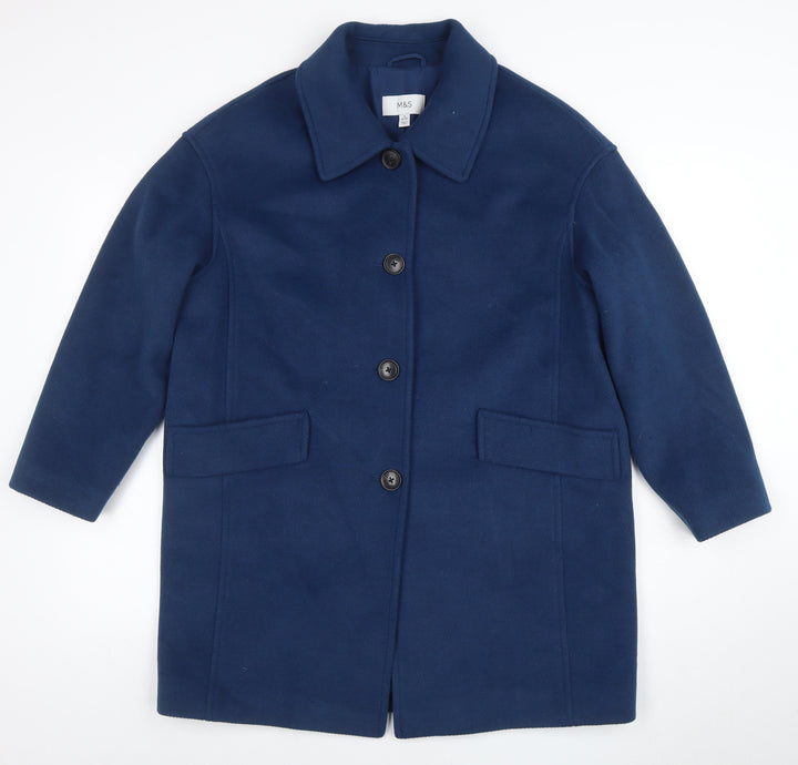 Marks and Spencer Women's Blue Wool Blend Mid-Length Overcoat Size 14 Petite