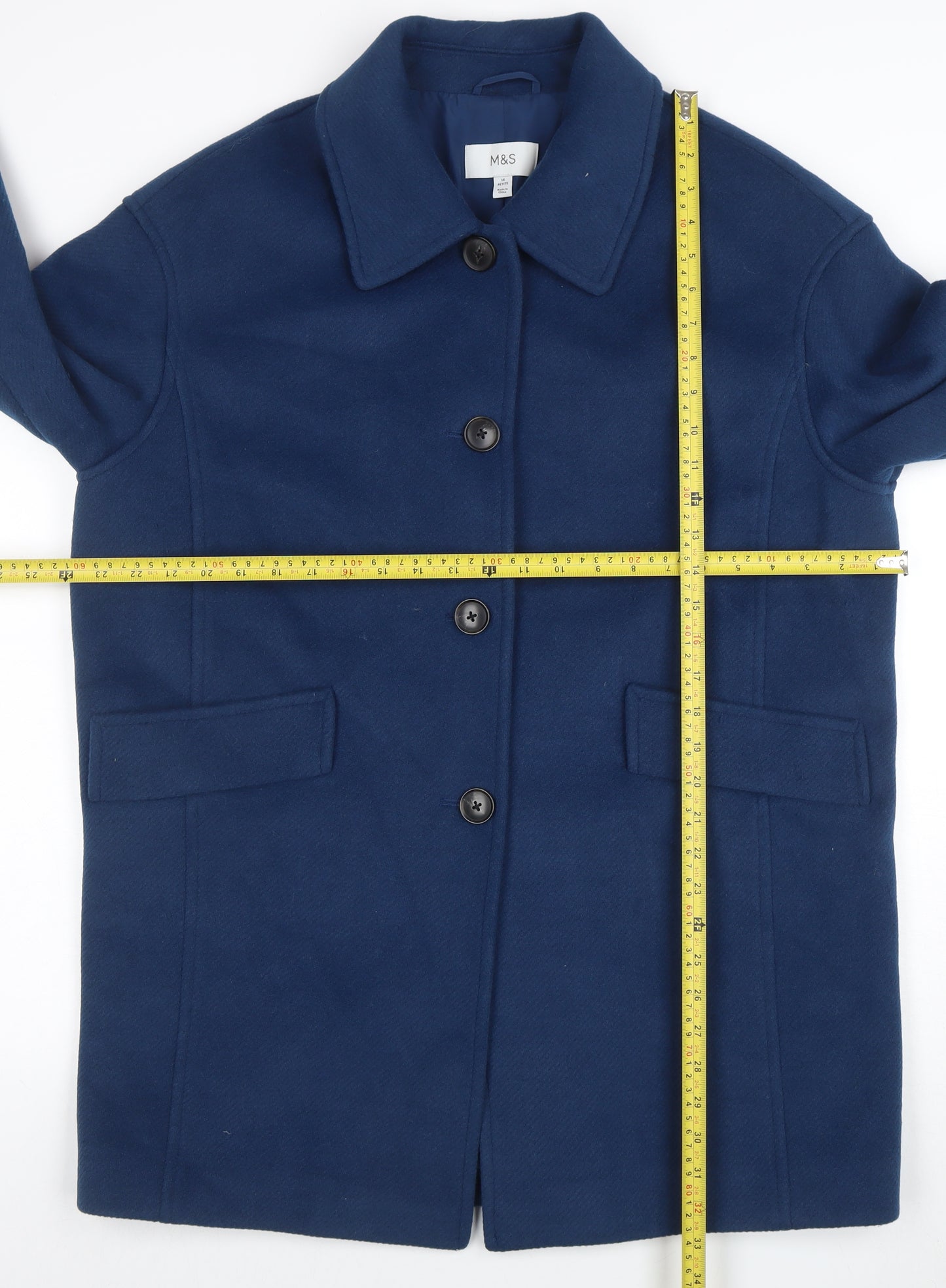 Marks and Spencer Women's Blue Wool Blend Mid-Length Overcoat Size 14 Petite