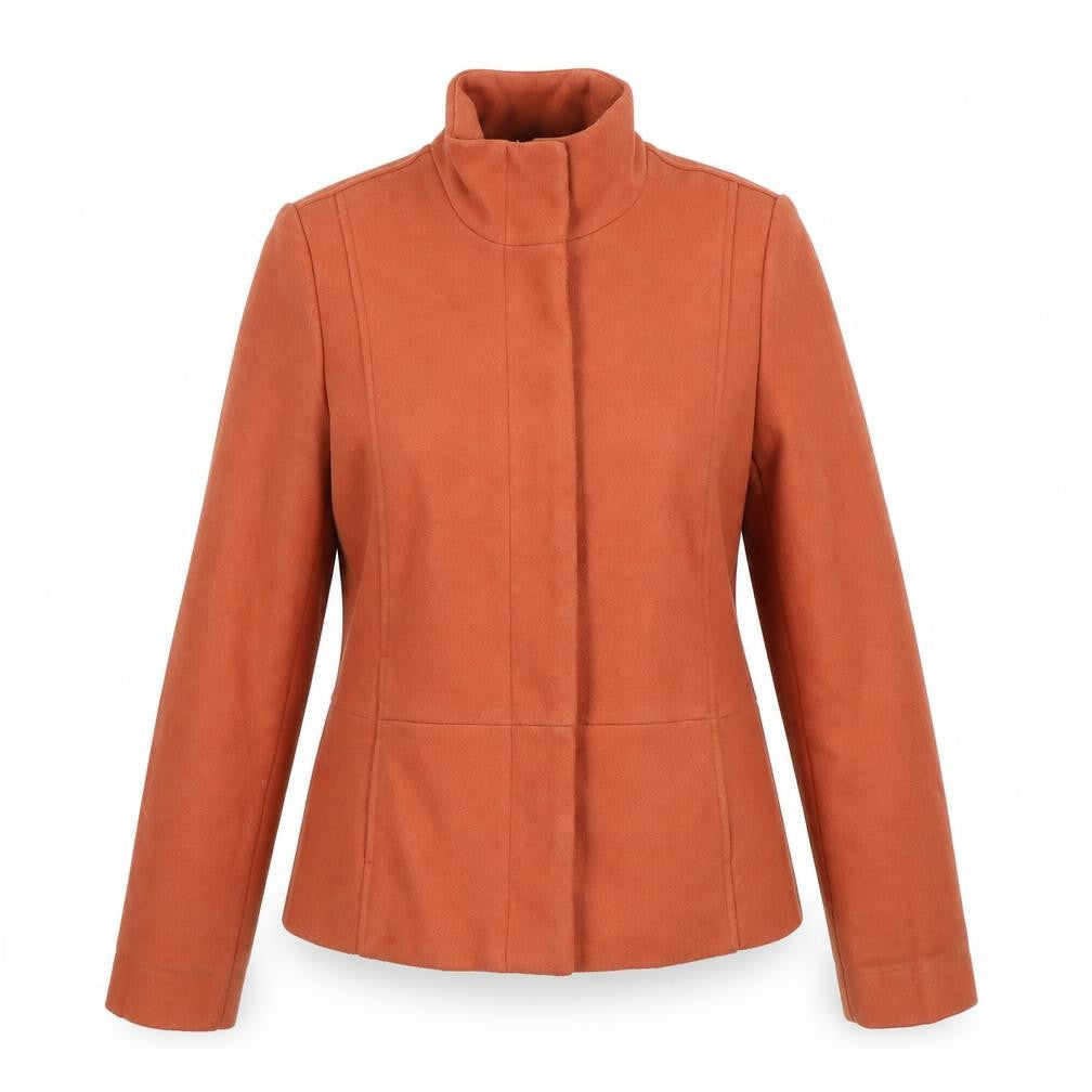 Front view of VILA women’s brown wool jacket, size UK 10, classic short style
