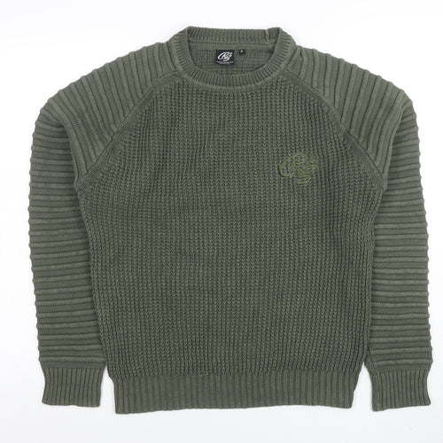 Crosshatch Mens Green Cotton Crew Neck Chunky Knit Jumper Size S