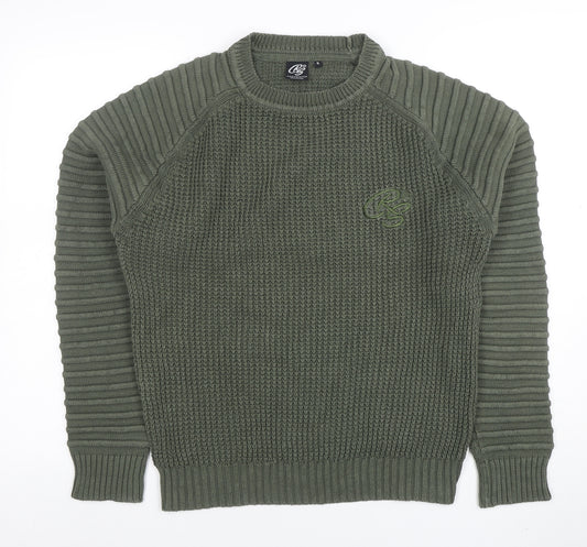 Crosshatch Mens Green Cotton Crew Neck Chunky Knit Jumper Size S
