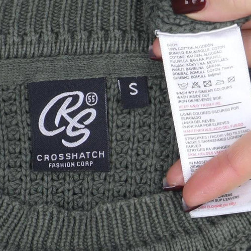 Crosshatch Mens Green Cotton Crew Neck Chunky Knit Jumper Size S