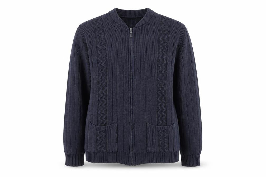 Front view of Destination women’s blue full zip knit jumper, size M