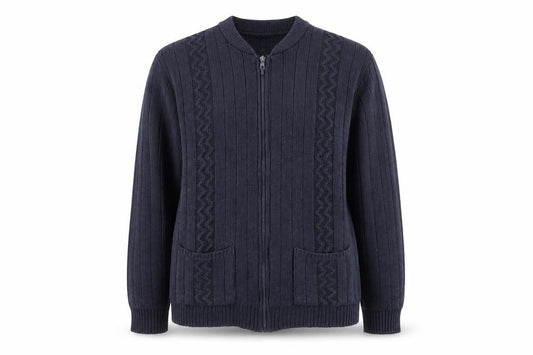 Front view of Destination women’s blue full zip knit jumper, size M