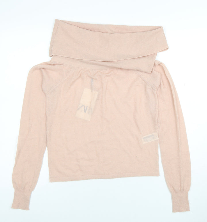 Zara Women Beige Cowl Neck Long Sleeve Knit Jumper Size L