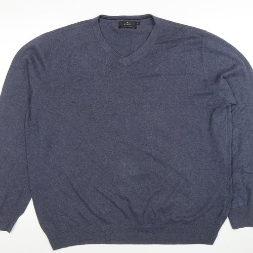 Jeff Banks Men's Blue Cotton Cashmere V-Neck Jumper Size L