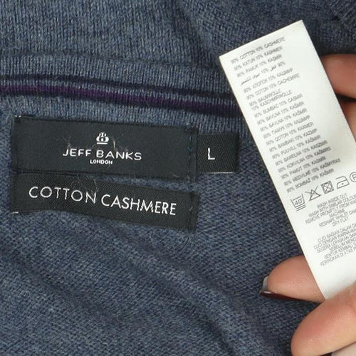 Jeff Banks Men's Blue Cotton Cashmere V-Neck Jumper Size L