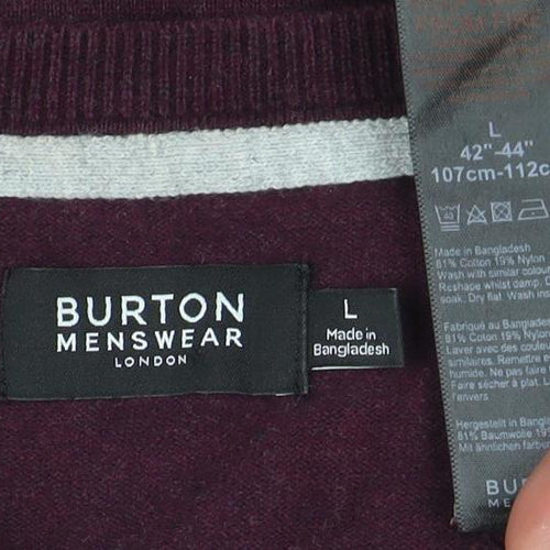 Burton Menswear Men's Purple V-Neck Cotton Cashmere Jumper Size L