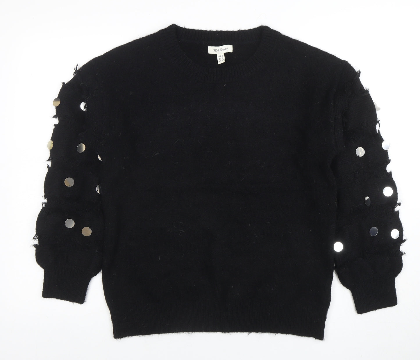 Wild Flower Womens Black Sequin Sleeve Pullover Jumper Size S