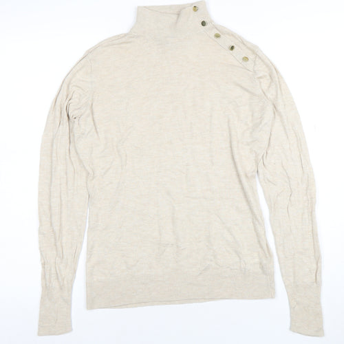 H&M Women's Beige Mock Neck Button Detail Knit Jumper Size M